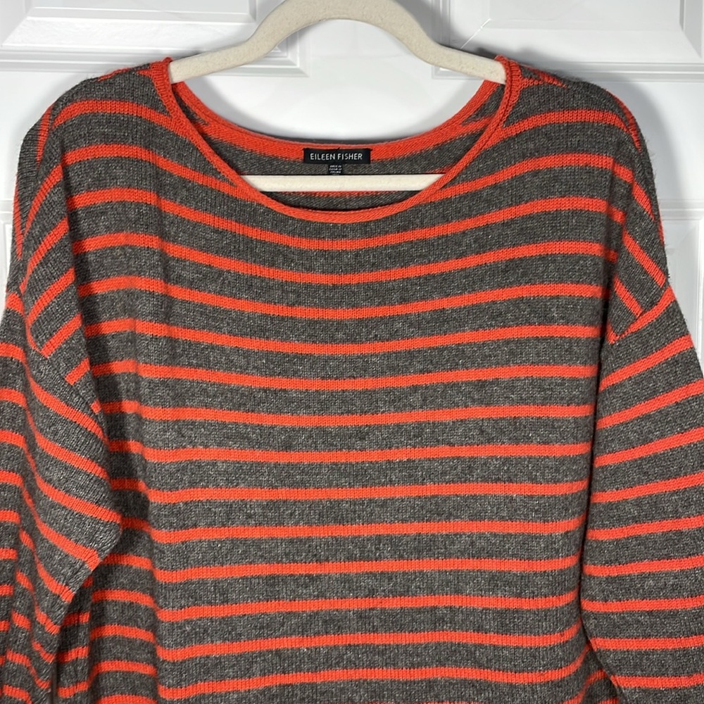 Eileen Fisher Wool Striped Sweater Size Medium 3/4 Sleeve Boxy Relaxed Boat Neck - Picture 4 of 13